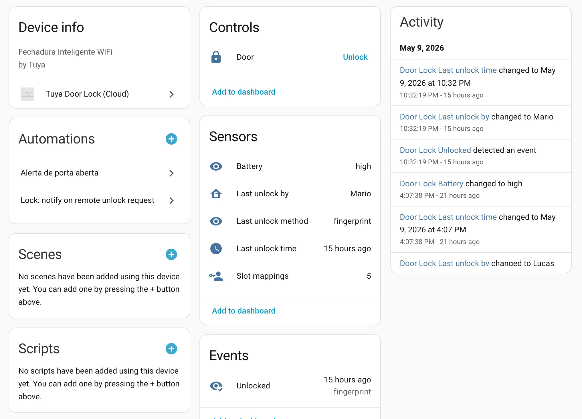Painel da fechadura no Home Assistant mostrando controles, sensores, eventos e atividade recente