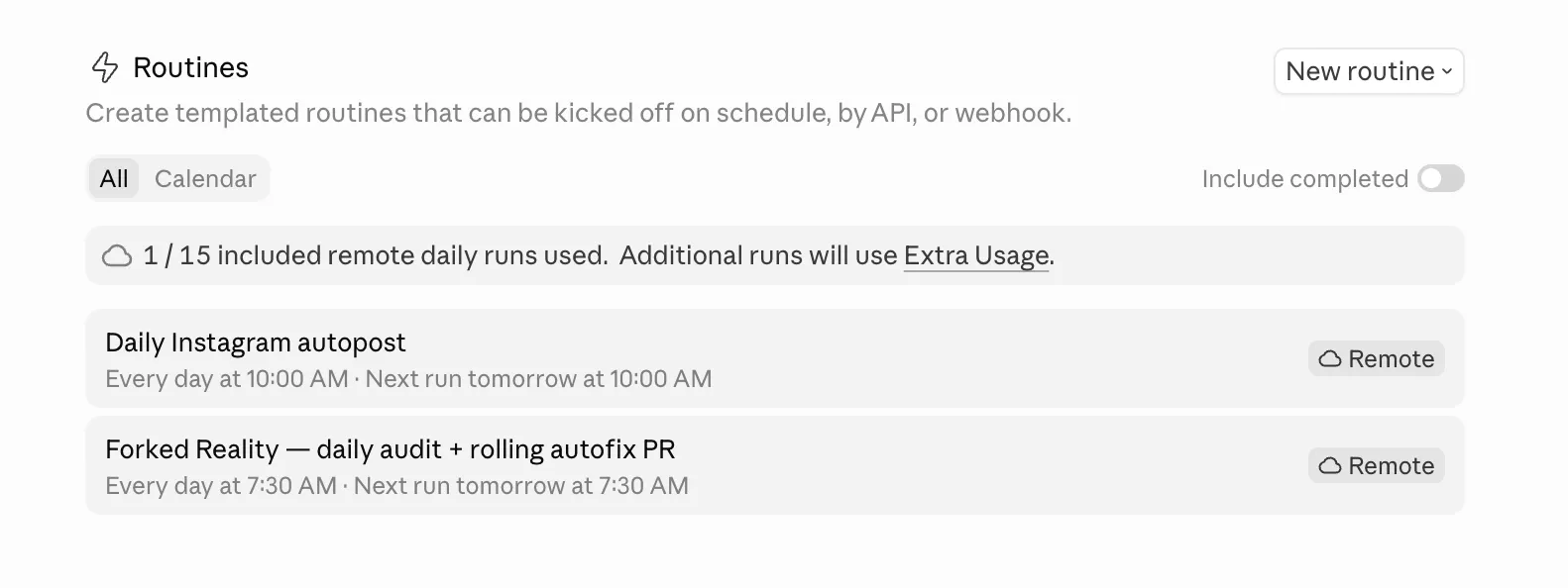Painel de Routines do Claude Code com Daily Instagram autopost e Forked Reality - daily audit + rolling autofix PR